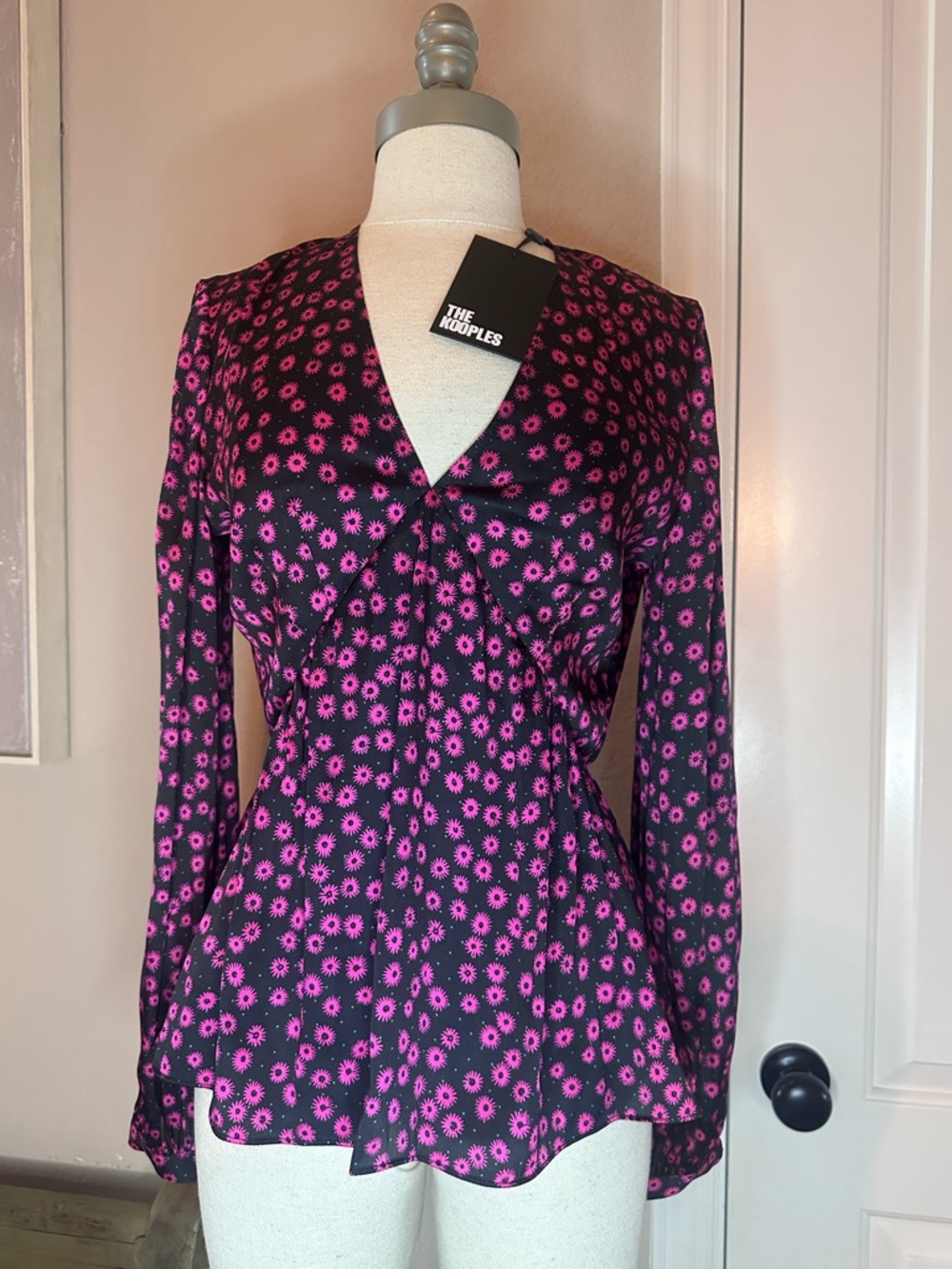 The Kooples Black and Pink Floral Long Sleeve Wrap Top